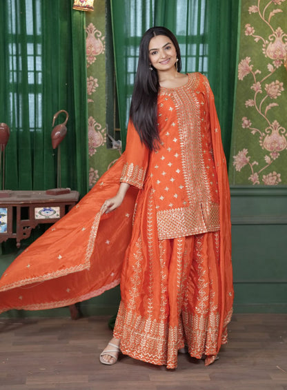 Heavy Chinon Suit With Sequence Embroidered Work 51 Orange