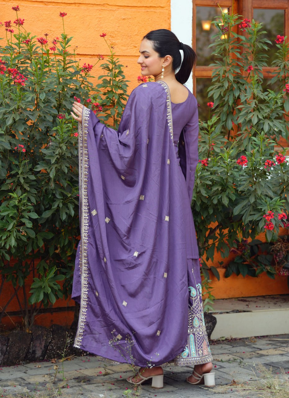 Heavy Chinon Suit With Sequence Embroidered Work 53 Purple