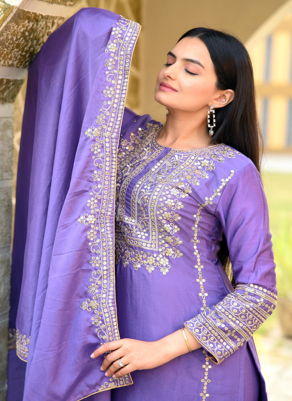 Beautiful Heavy Chinon Suit With Sequence Embroidered Work