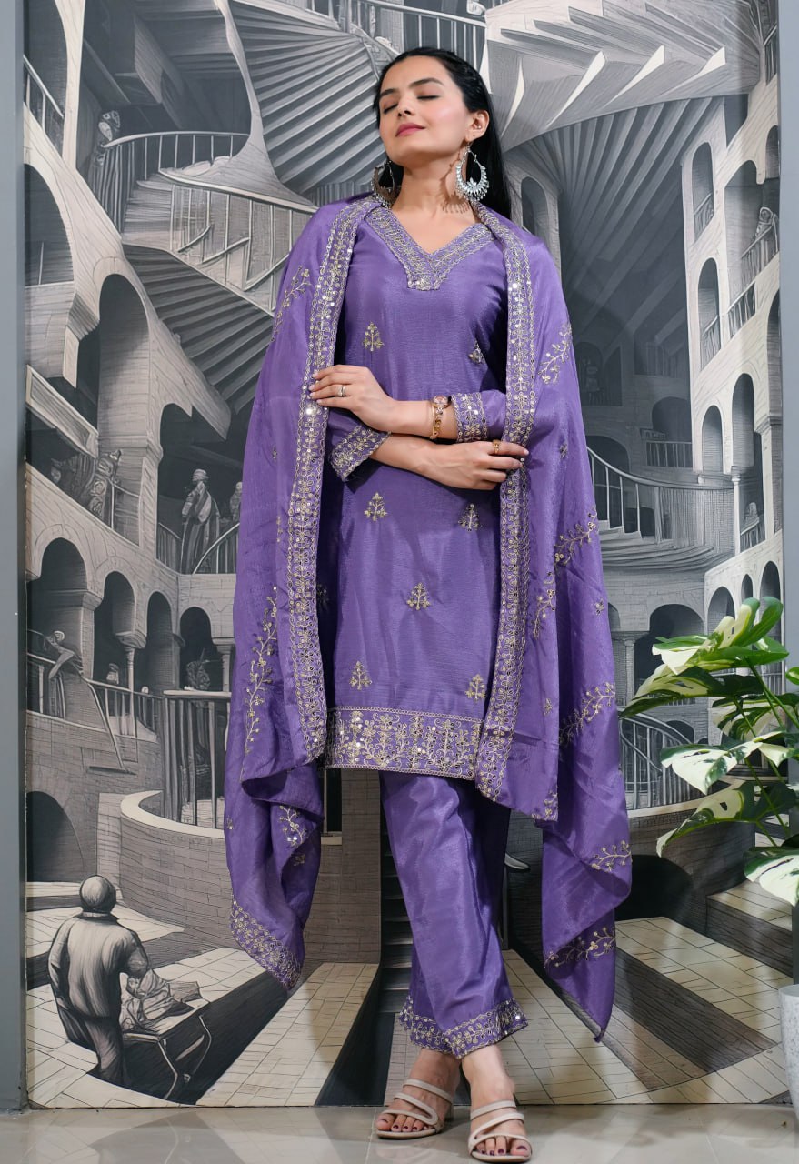Heavy Chinon Suit With Sequence Embroidered Work 35 Lavender