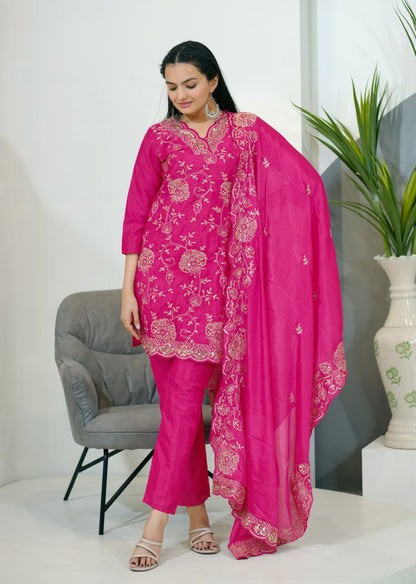Heavy Chinon Suit With Sequence Embroidered Work 37 Pink