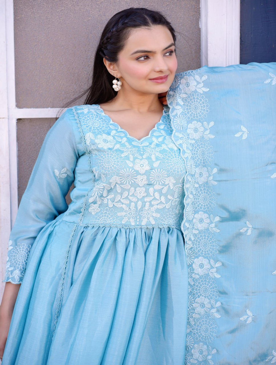 Gorgeous Flarred Sky Blue Heavy Chinon Anarkali With Sequence Thread Work