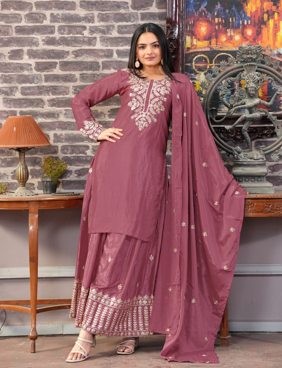 Heavy Chinon Suit With Sequence Embroidered Work 42 Onion