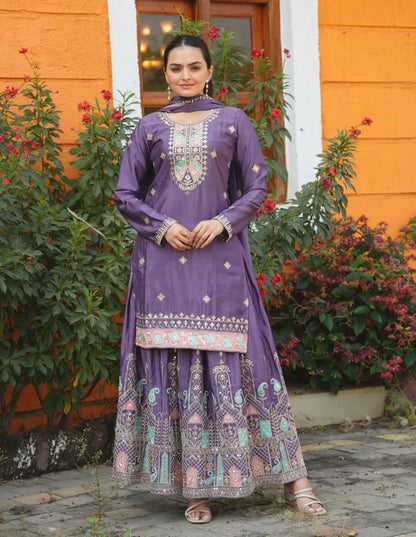 Heavy Chinon Suit With Sequence Embroidered Work 53 Purple