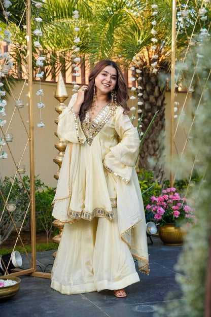 Women Offwhite Kediya Style Real Mirror Work Wedding Sharara Suit
