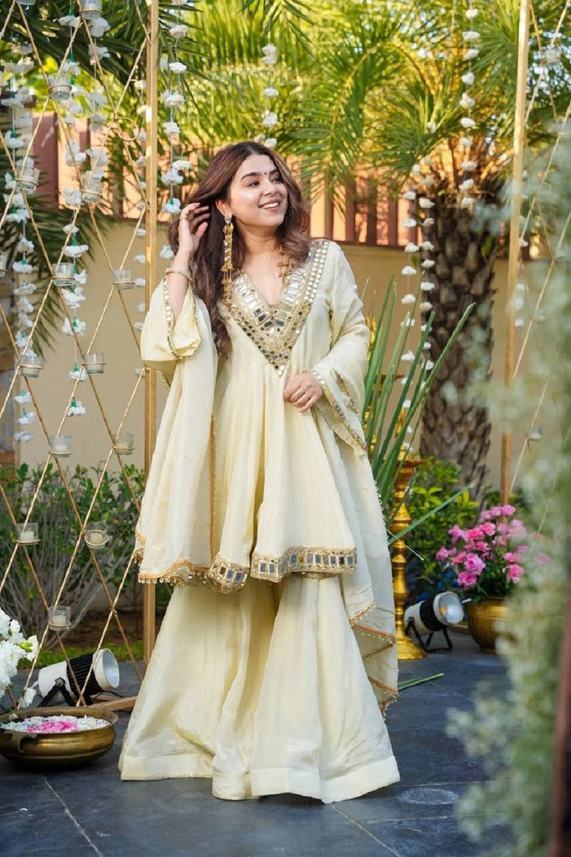 Women Offwhite Kediya Style Real Mirror Work Wedding Sharara Suit