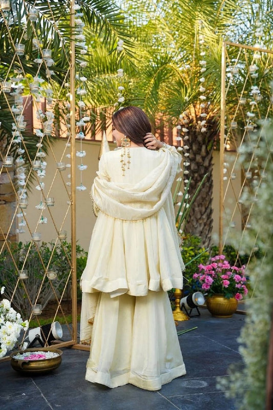 Women Offwhite Kediya Style Real Mirror Work Wedding Sharara Suit