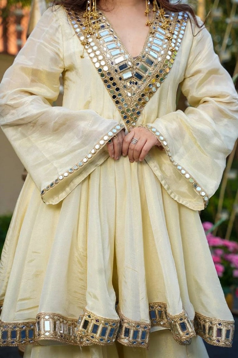 Women Offwhite Kediya Style Real Mirror Work Wedding Sharara Suit