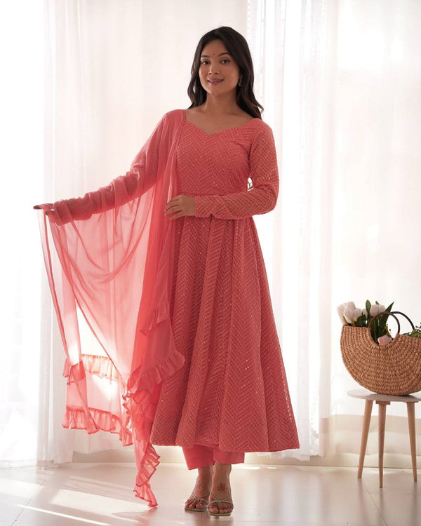 Heavy Faux Georgette With Lukhnowi Sequence Work Anarkali Set