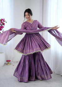 Lavender Mal Chanderi With Mirror & hand work Sharara Suit