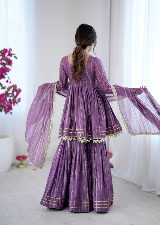 Lavender Mal Chanderi With Mirror & hand work Sharara Suit