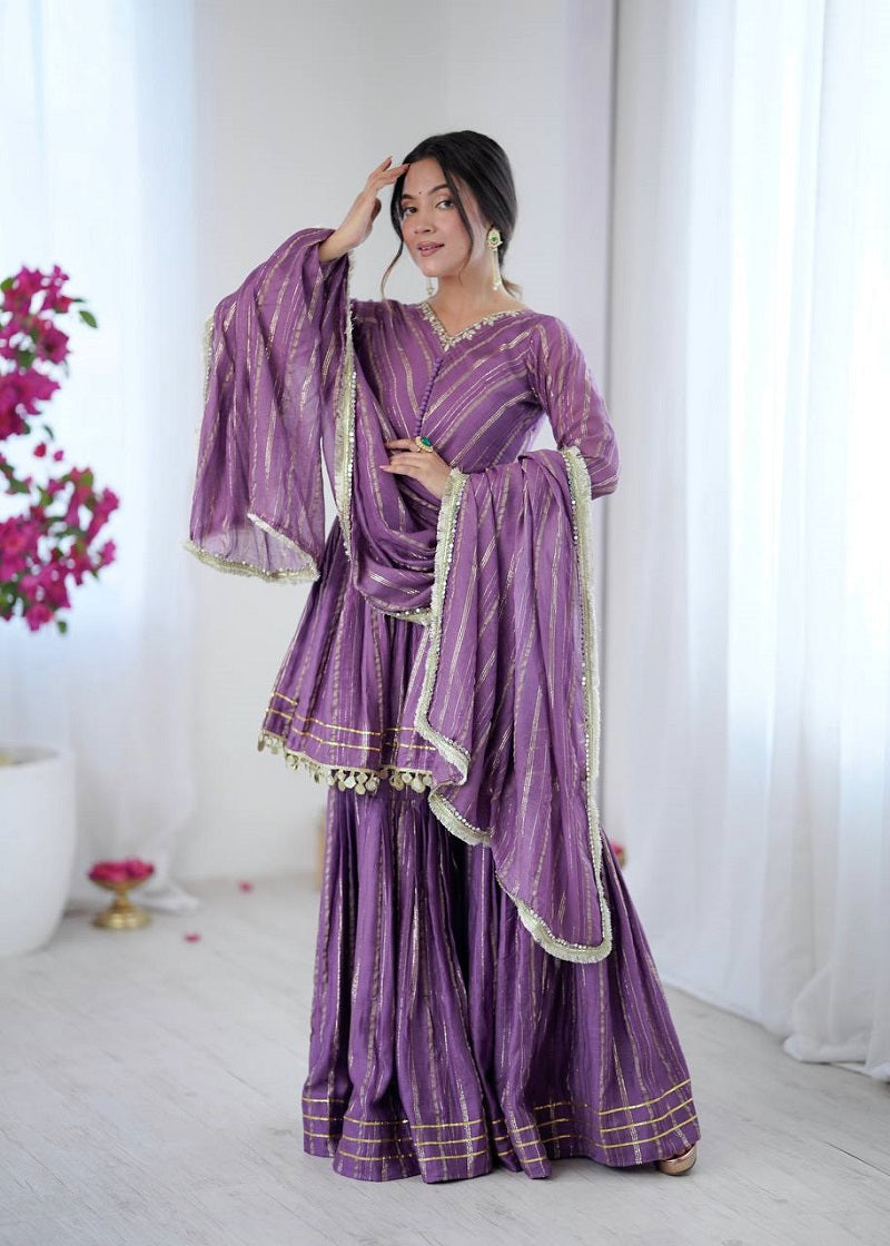 Lavender Mal Chanderi With Mirror & hand work Sharara Suit