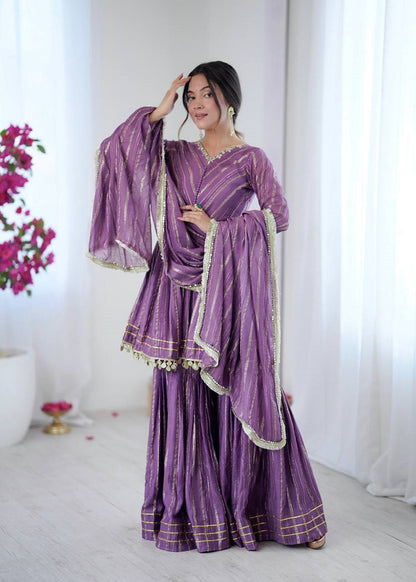 Lavender Mal Chanderi With Mirror & hand work Sharara Suit