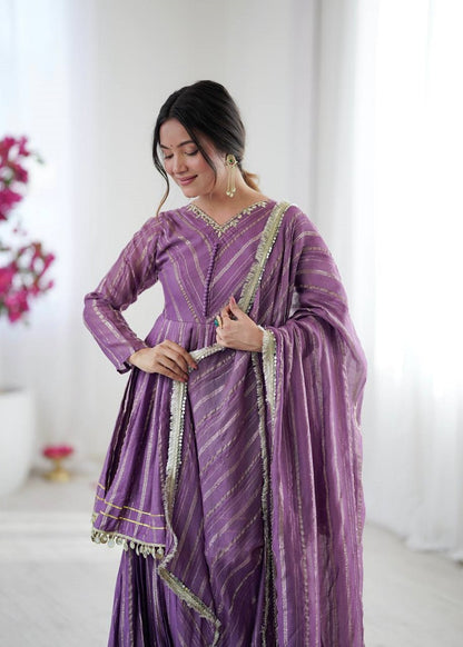 Lavender Mal Chanderi With Mirror & hand work Sharara Suit