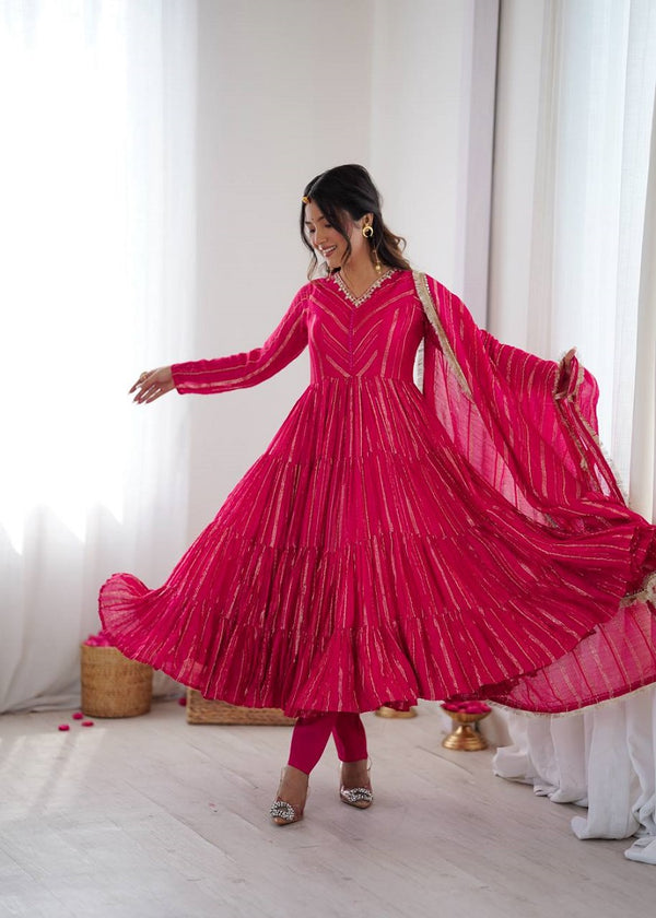 Ranipink Mal Chanderi Real Mirror With Handwork Wedding Anarkali Suit