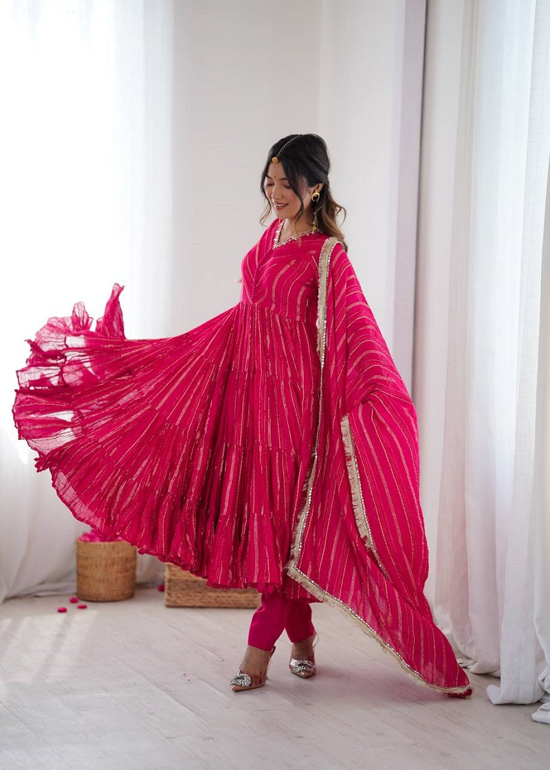 Ranipink Mal Chanderi Real Mirror With Handwork Wedding Anarkali Suit