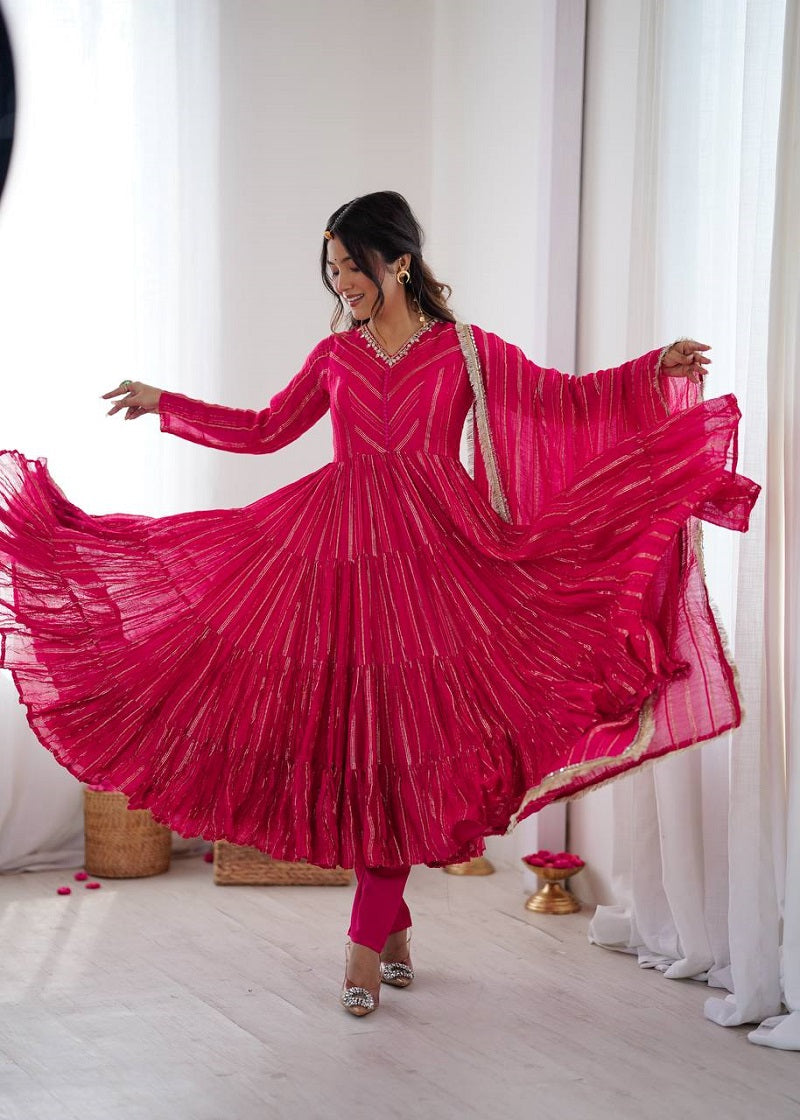 Ranipink Mal Chanderi Real Mirror With Handwork Wedding Anarkali Suit