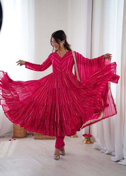 Ranipink Mal Chanderi Real Mirror With Handwork Wedding Anarkali Suit