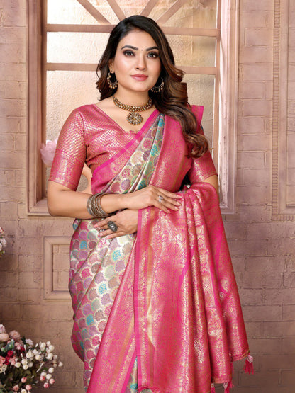 Off White Banarasi Chaturi Silk with Weaving Saree With Blouse