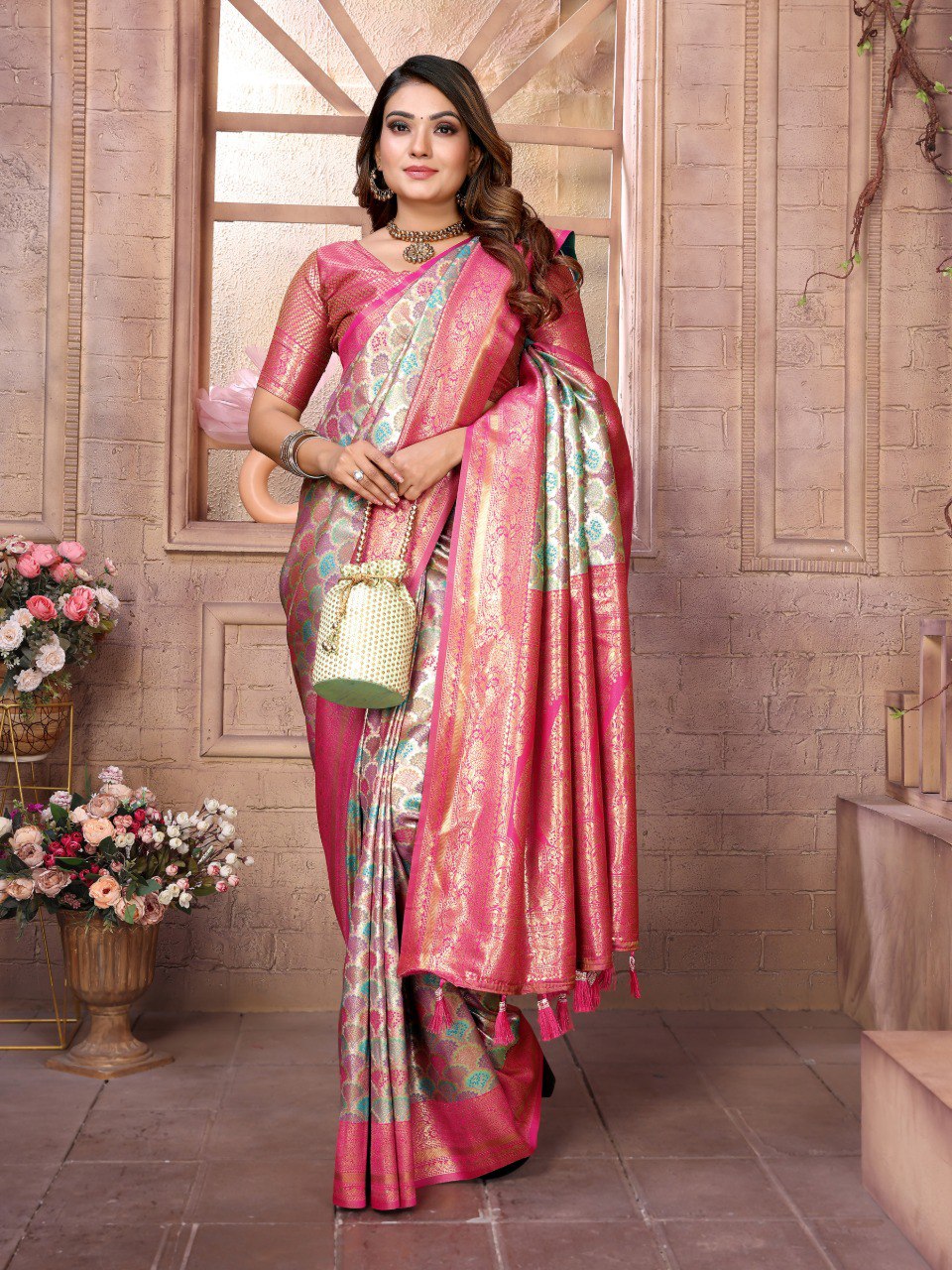 Off White Banarasi Chaturi Silk with Weaving Saree With Blouse