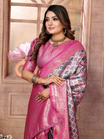 Rani Pink Banarasi Chaturi Silk with Weaving Saree With Blouse