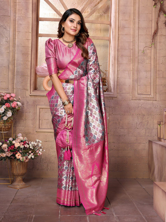 Rani Pink Banarasi Chaturi Silk with Weaving Saree With Blouse
