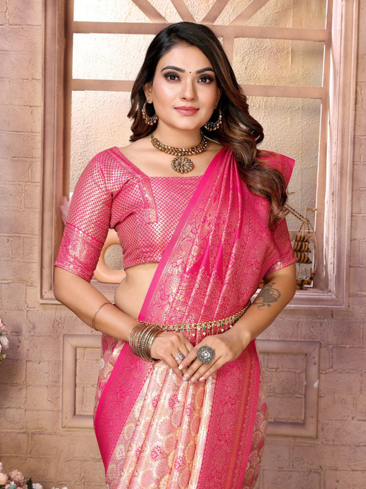 Cream Banarasi Chaturi Silk with Weaving Saree With Blouse