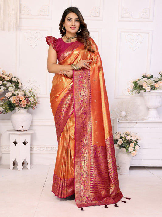Orange Tissue Silk with Butti Weaving Saree With Blouse