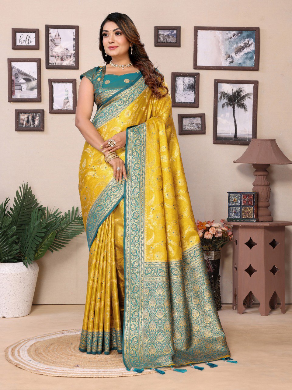 Yellow Tissue Silk with jaal Weaving Saree With Blouse