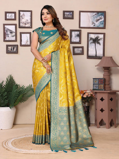 Yellow Tissue Silk with jaal Weaving Saree With Blouse