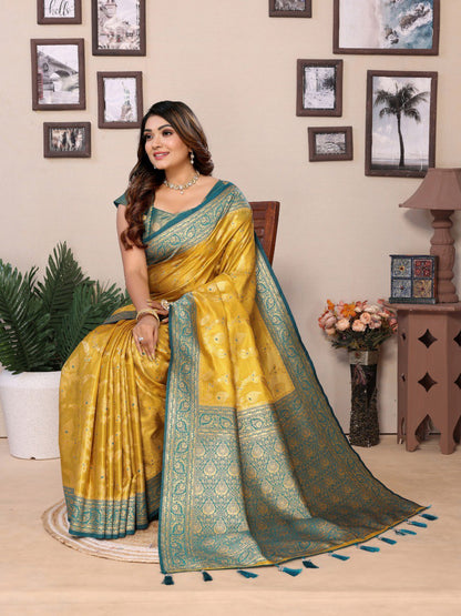 Yellow Tissue Silk with jaal Weaving Saree With Blouse