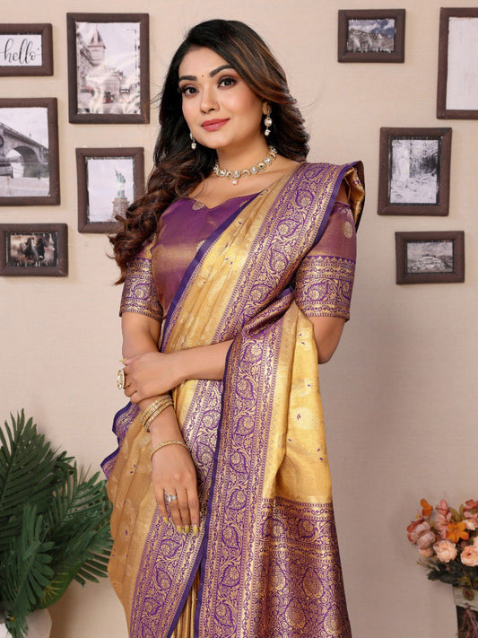 Cream Tissue Silk with jaal Weaving Saree With Blouse