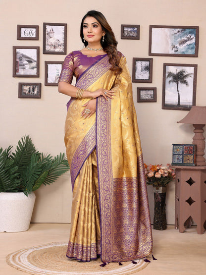 Cream Tissue Silk with jaal Weaving Saree With Blouse