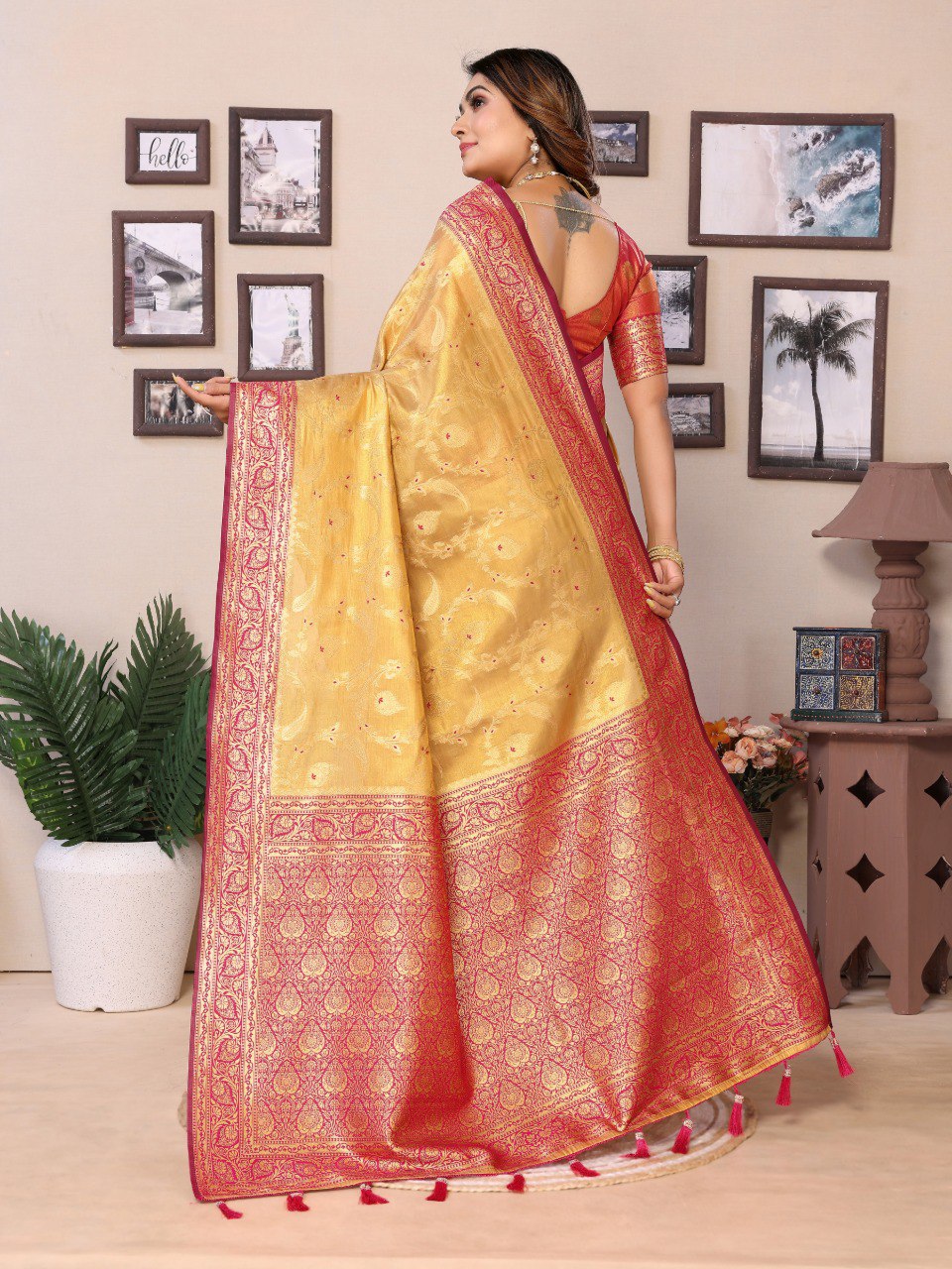Golden Tissue Silk with jaal Weaving Saree With Blouse