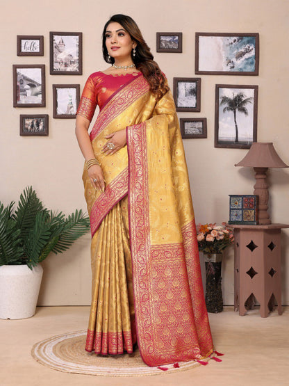 Golden Tissue Silk with jaal Weaving Saree With Blouse