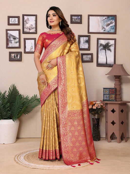 Golden Tissue Silk with jaal Weaving Saree With Blouse