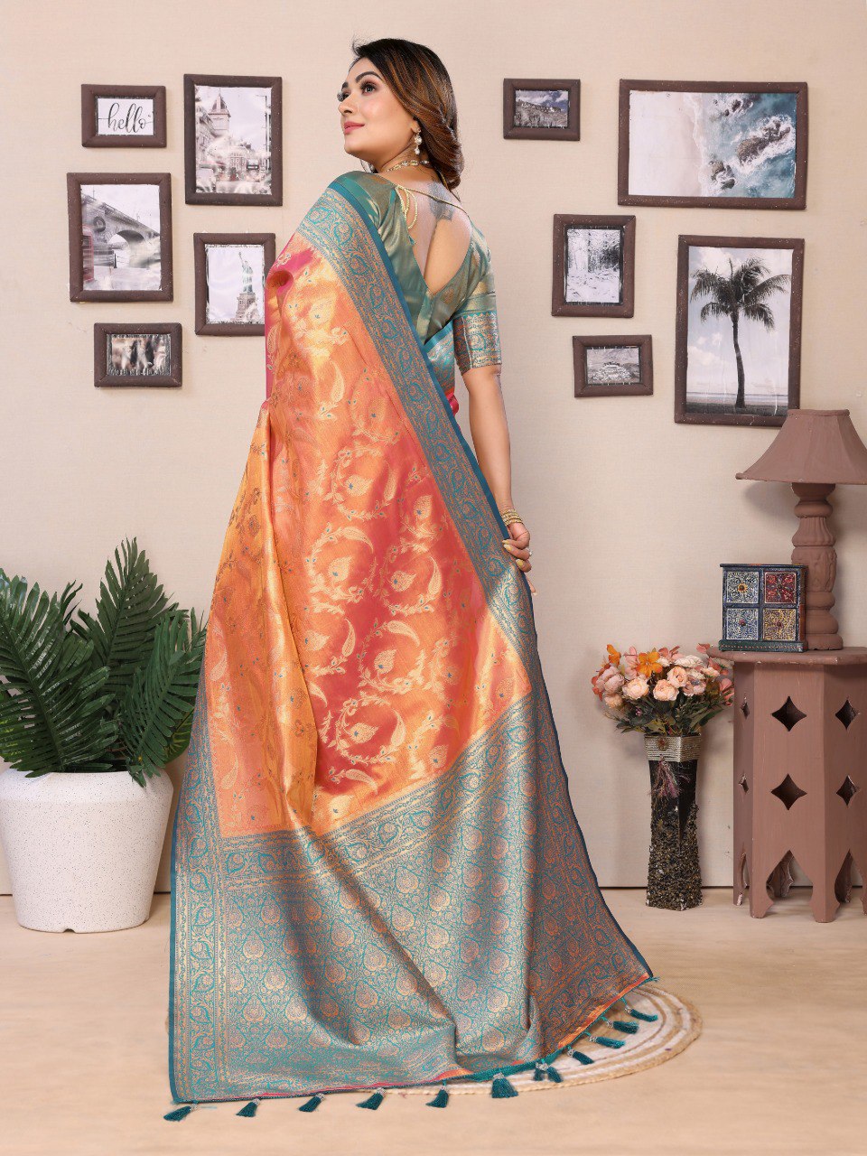 Orange Tissue Silk with jaal Weaving Saree With Blouse