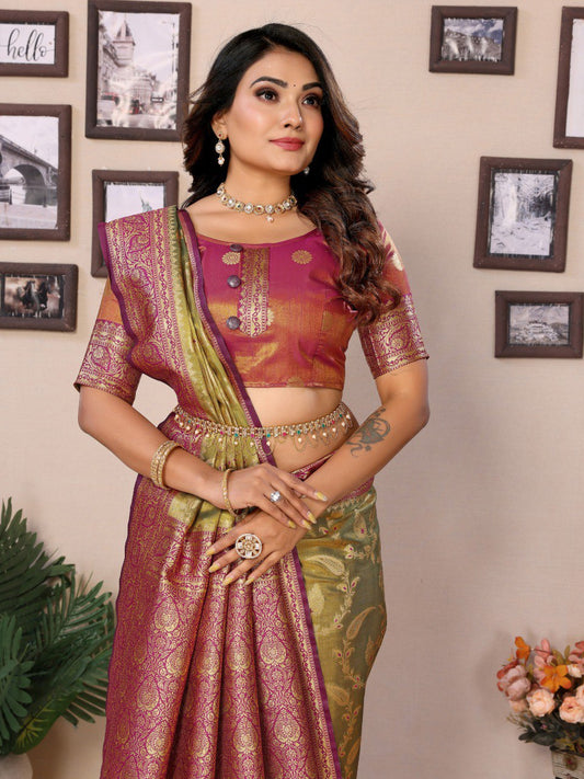 Green Tissue Silk with jaal Weaving Saree With Blouse