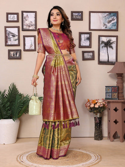 Green Tissue Silk with jaal Weaving Saree With Blouse
