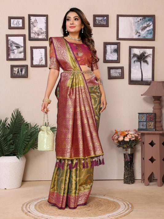 Green Tissue Silk with jaal Weaving Saree With Blouse