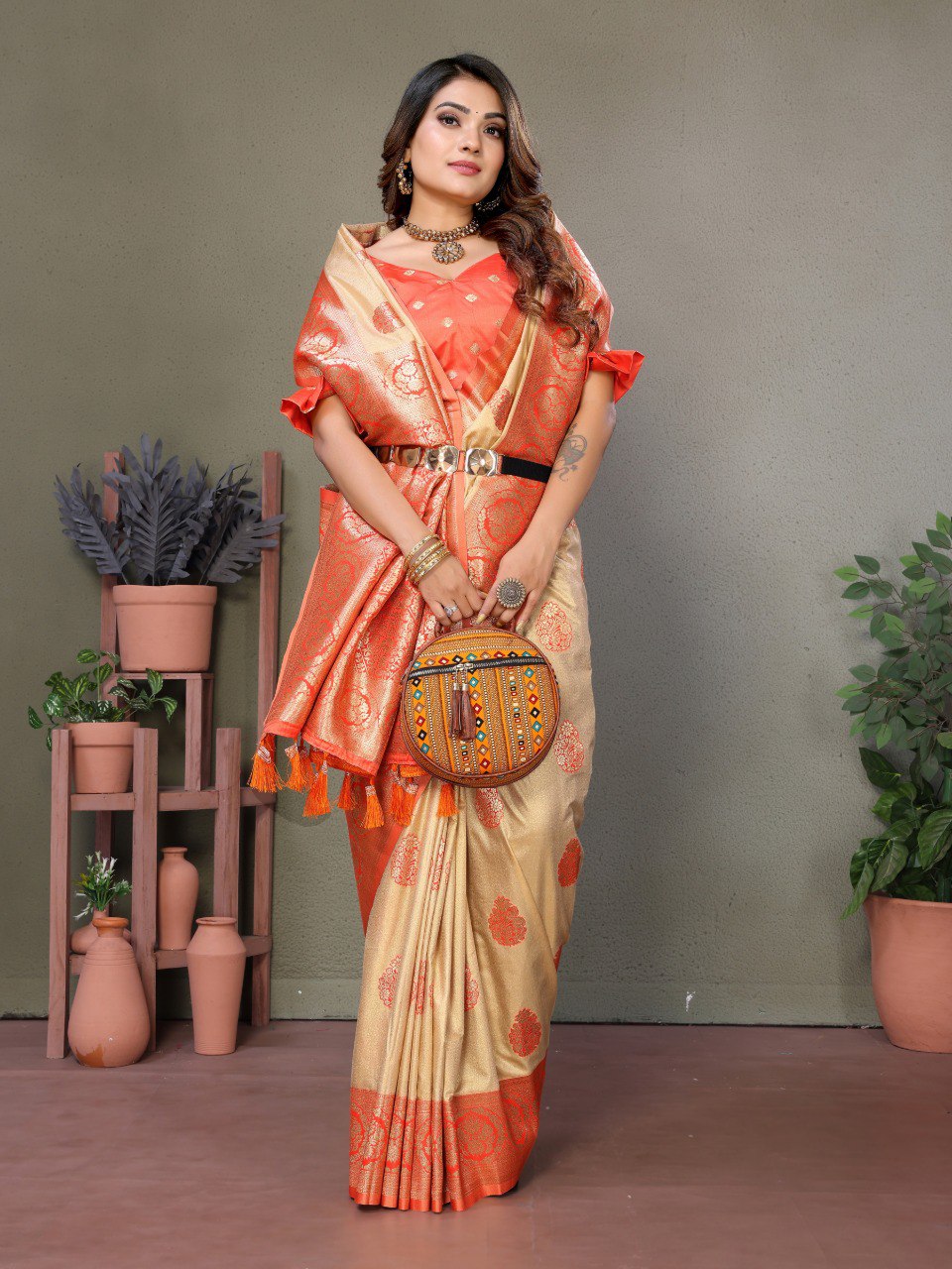 Orange Viscose Silk with Butties Weaving Saree With Blouse
