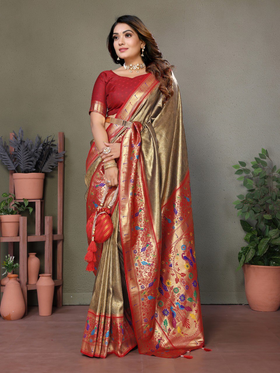 Mehendi Tissue Silk with Paithani woven Saree With Blouse