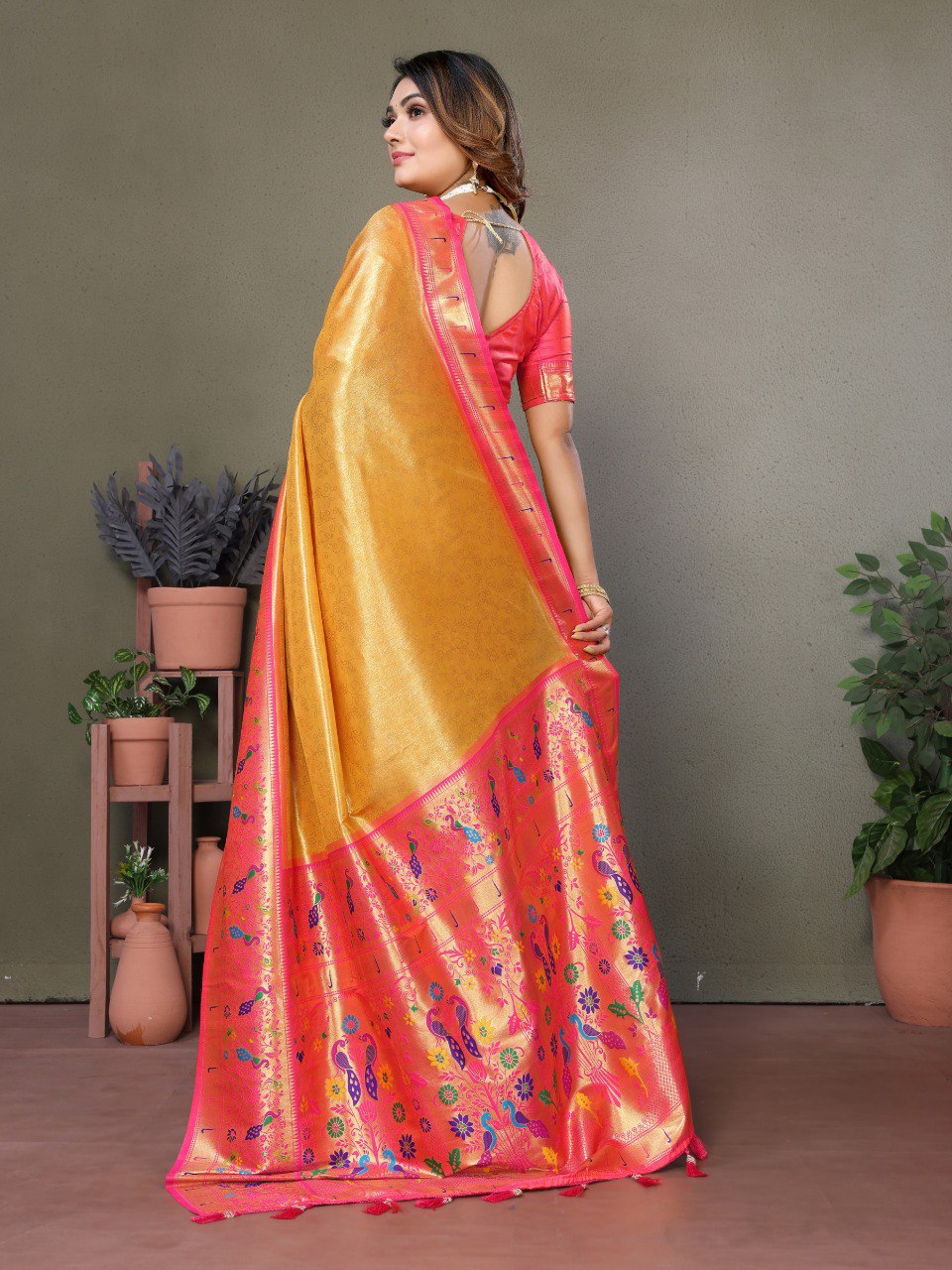 Dark Golden Tissue Silk with Paithani woven Saree With Blouse