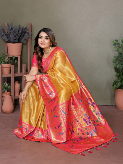 Dark Golden Tissue Silk with Paithani woven Saree With Blouse