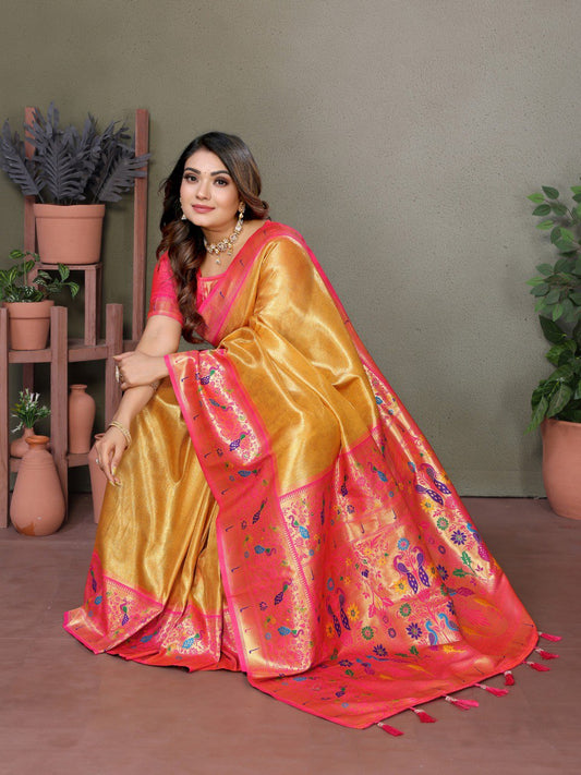 Dark Golden Tissue Silk with Paithani woven Saree With Blouse