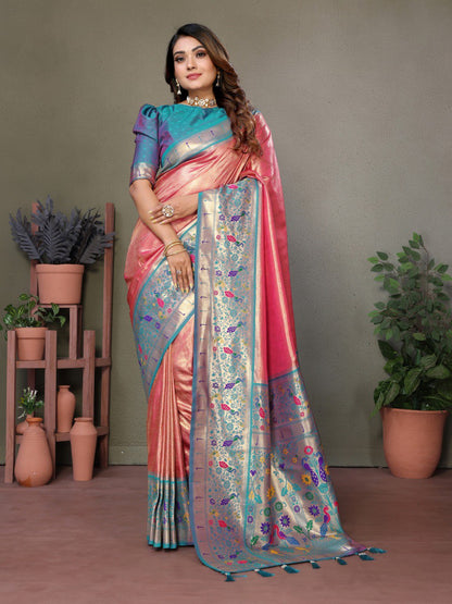 Light Pink Tissue Silk with Paithani woven Saree With Blouse