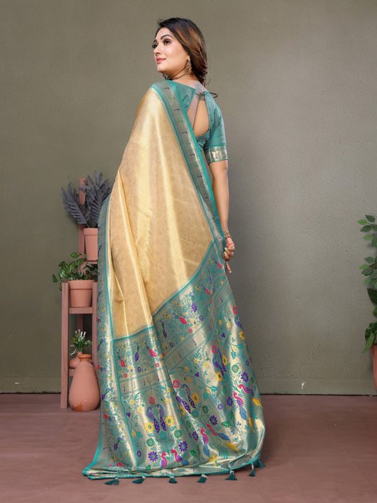 Cream Tissue Silk with Paithani woven Saree With Blouse