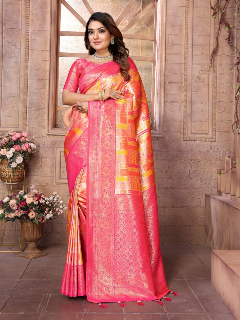Orange Banarasi Chaturi Silk with Jari Weaving Saree With Blouse