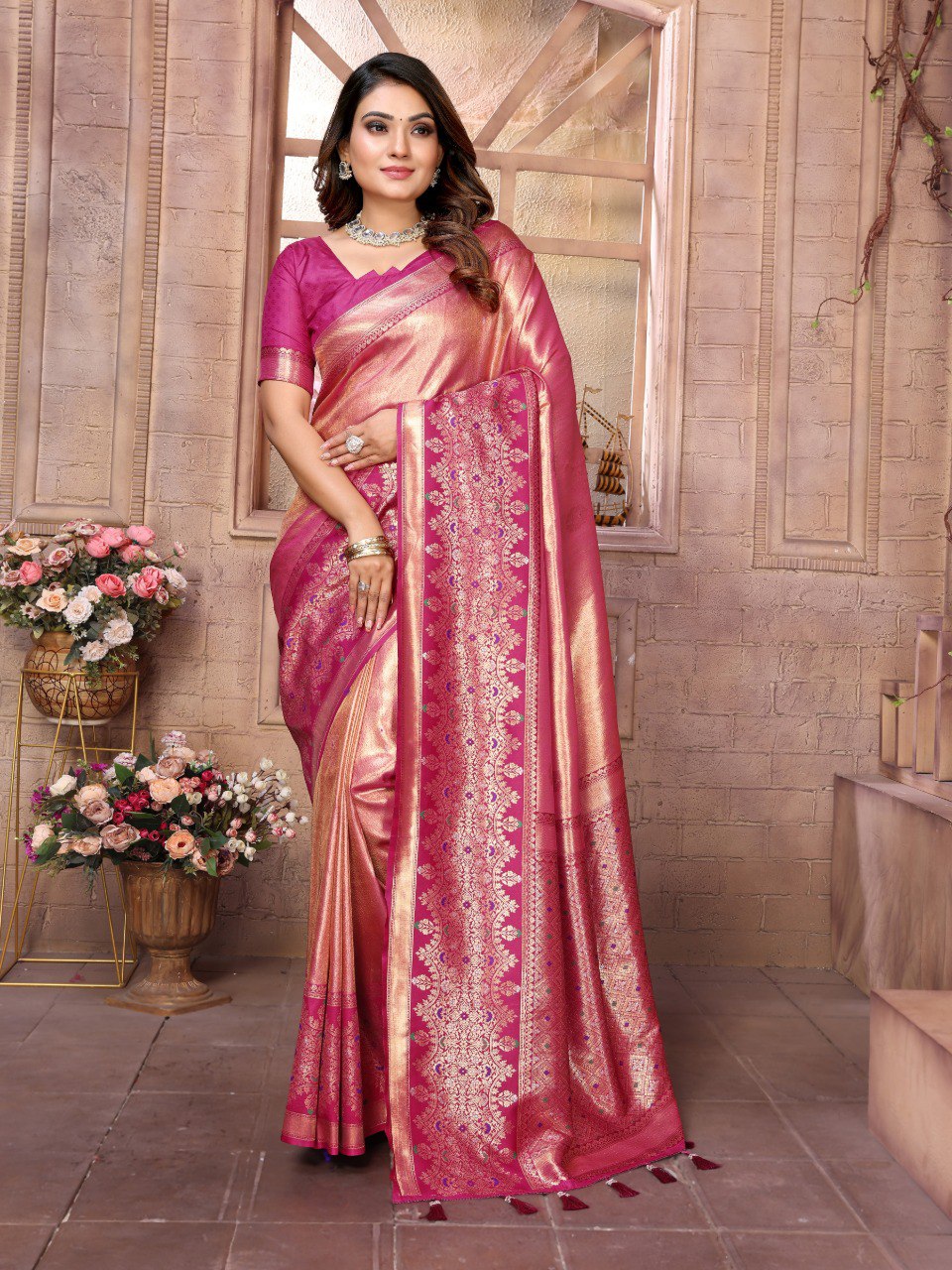Peach Tissue Silk with Weaving Saree With Blouse