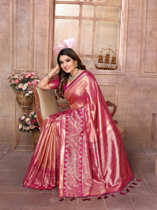 Peach Tissue Silk with Weaving Saree With Blouse